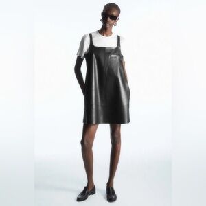 Cos Leather Mini Pinafore Square Neck Black Dress